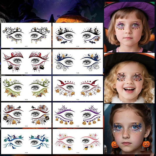 10 Sheets Halloween Temporary Tattoos Colorful Eye Fake Tattoos Halloween Mixed Styles Spider Web Tattoos Waterproof Cobweb Tattoo Cute Pumpkin Ghost Stickers for Kids Boys Girls Body Art Makeup