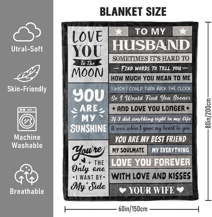 Husband Birthday Gifts from Wife - to My Husband Blanket 60"x80" | Soft and Cozy Keepsake Blanket Thoughtful Gift on Christmas Valentines Day Fathers Day Birthday