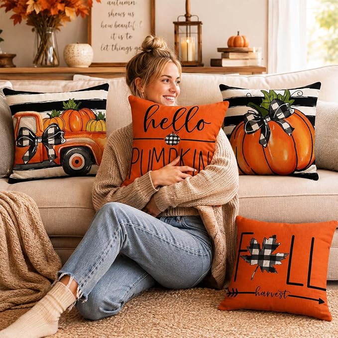 Fall Throw Pillow Covers for Home Strip Pumpkin Pillowcase 18x18 Set of 4 | Hello Pumpkin, Fall Harvest, Vintage Orange Truck, Sofa Covered Patio Farmhouse Thanksgiving Decor Cushion Case