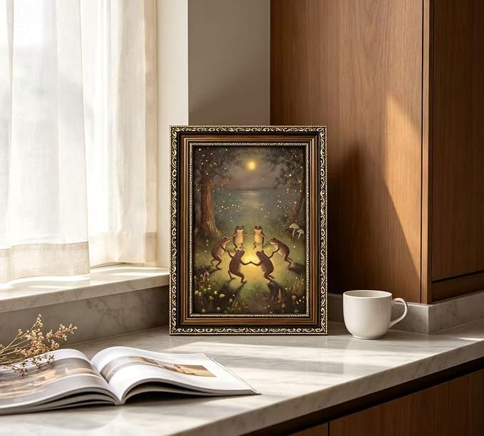 Vintage Gold Framed Celestial Wall Art, Moody Moon and Stars Gothic Painting Canvas Print, Dark Academia Wall Decor,Mystical Celestial Poster Artwork, for Living Room Bedroom Bathroom