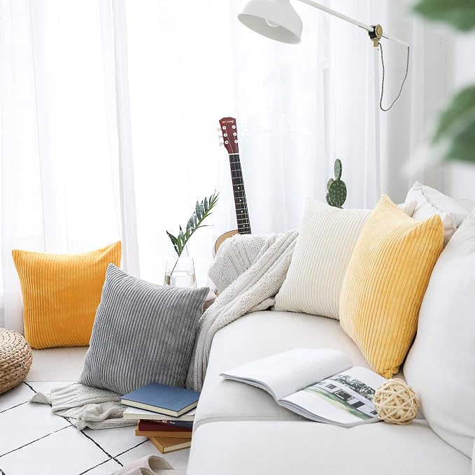 Home Brilliant Striped Soft Velvet Corduroy European Throw Pillow Sham for Sofa Euro Sham Cover for Bed Pillow Cover 26x26 Couch Bench, 26 inch (66x66cm), Light Grey