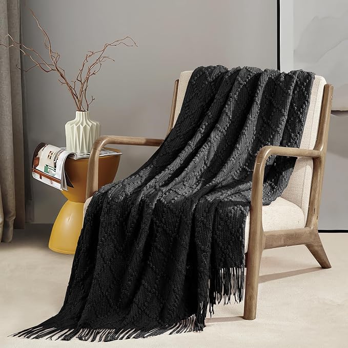 BOURINA Black Throw Blanket 50 x70 Inch Jacquard Throw Knitted Blanket | Jacquard Argyle Throw Textured Solid Soft Throws and Blankets for Sofa or Bed Knitted Decorative Blanket