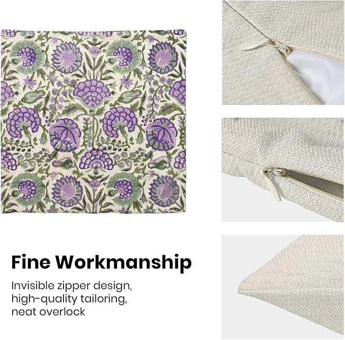 Block Print Pillow Covers 18x18 Inch Pack Of 2 Boho Purple Green Floral Decor Throw Pillow Covers Spring Summer Flower Pillowcase Outdoor Farmhouse Decorative Cushion Cover for Home Couch Sofa