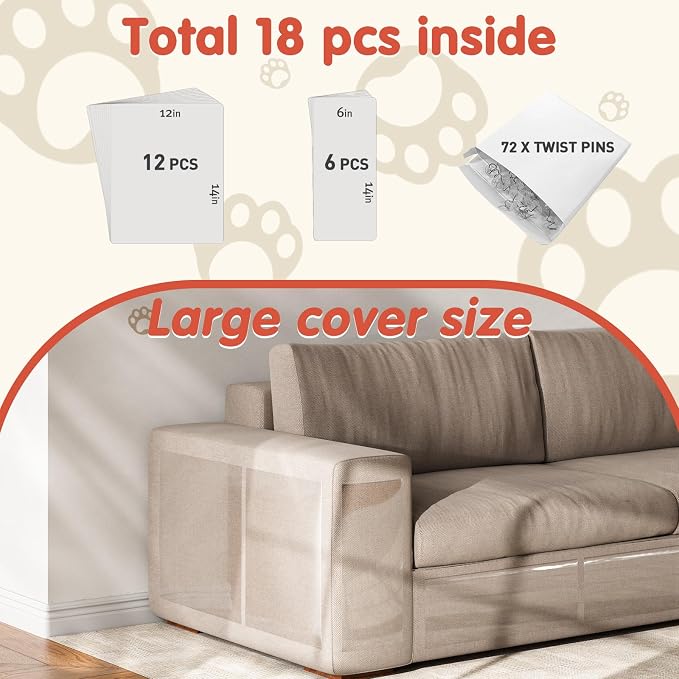 Secopad 18 PCS Cat Scratch Furniture Protector, Couch Protector, 14IN | Transparent, Single-Sided, Self Adhesive, Large Size, Easy to Use and Remove, Anti Pet Deterrent, Sofa Cover from Cat Claws