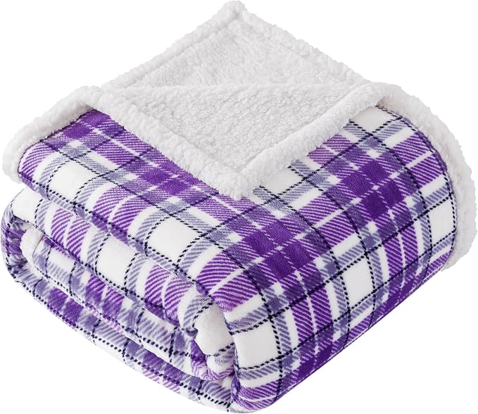 Sherpa Plaid Throw Blanket, 60" X 70"Fuzzy Fluffy Cozy Soft Blanket, Fleece Flannel Plush Twin Size Microfiber Blanket for Couch Bed Sofa,Purple