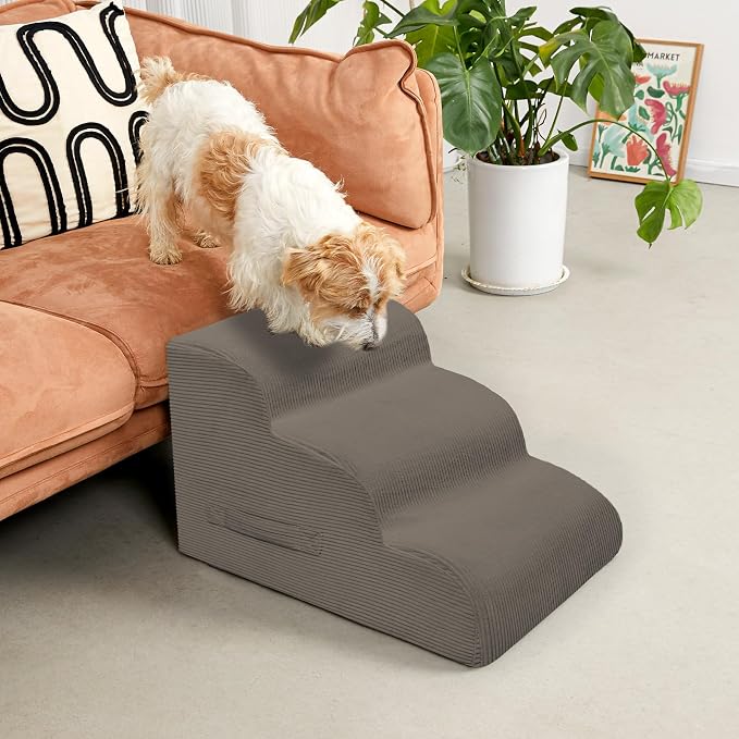 Mesa Lemon 3 Step Dog Stairs Pet Ramp for High Beds, Sofas and Cars | High Density Foam, Non-Slip Bottom, Removable Washable Cover, Portable Handle, Holds Up to 50 lbs, 16 Inch Height