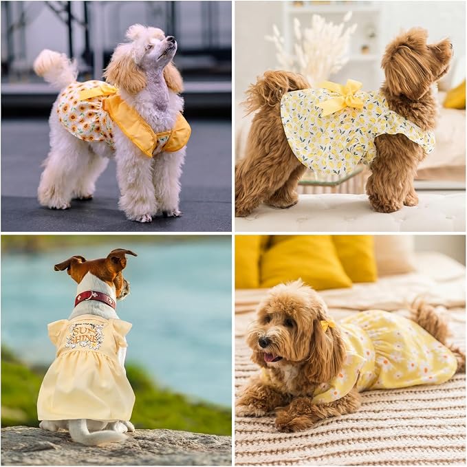 Abbylike 5 Pcs Dog Dresses for Small Dog Girl, Yellow Summer Puppy Clothes | Floral Daisy Princess Bowknot Plaid, Cute Breathable Soft Dog Skirts Outfits, for Small Medium Pets Cats Female