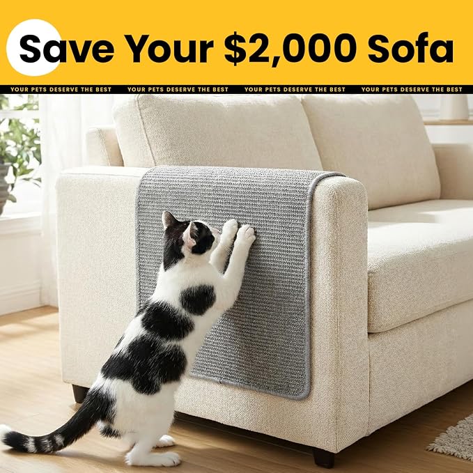 Conlun 2-Pack Cat Scratching Pads, 23.6x31.5in Sisal Wall & Couch Protector | High-density Sisal Mat, No Fraying, Mess-free, Anti-slip Backing, Adhesive Strips for Easy Mounting, Grey