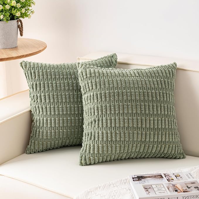 Pack of 2 Corduroy Decorative Throw Pillow Covers 20x20 Inch, Sage Green | Fall Soft Striped Pillow Covers Modern Farmhouse Home Decor Christmas Throw Pillow Covers for Sofa Living Room Couch Bed