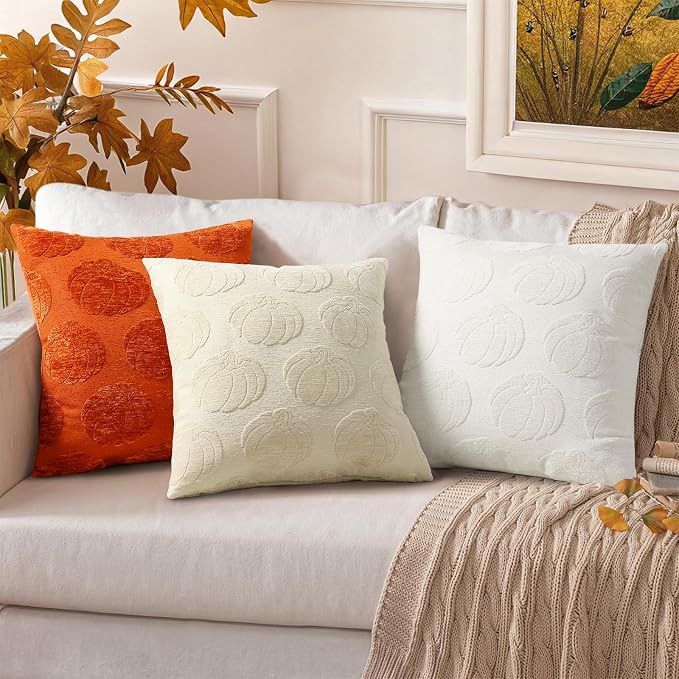 decorUhome Chenille Rust Pumpkin Soft Throw Pillow Covers 20x20 Set of 2 | Fall Decorative Jacquard Farmhouse Accent Modern Farmhouse Neutral Pillowcases for Bed Sofa Autumn Harvest Halloween Holiday