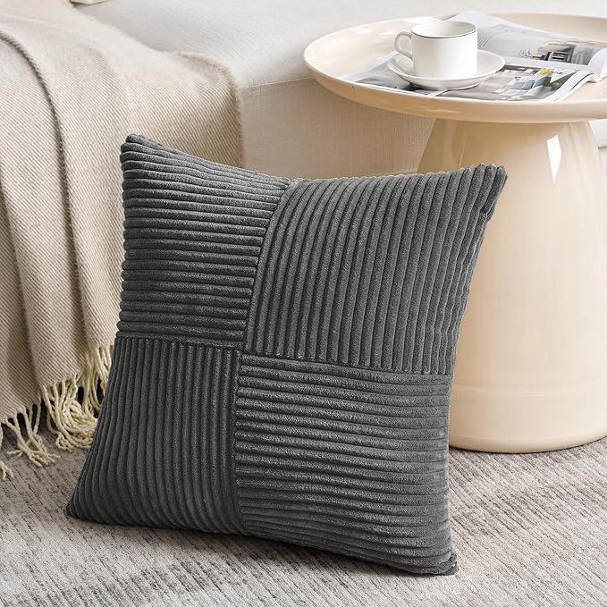 Fancy Homi Dark Gray Decorative Throw Pillow Covers 16x16 Inch for Living Room Couch Bed, Rustic Farmhouse Boho Home Decor, Soft Corss Patchwork Corduroy Textured Square Cushion Case 40x40 cm