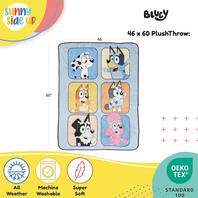 Sunny Side Up Bluey Kids Plush Throw Blanket - Ultra Soft Cozy 46 x 60 Inches - Plush Fleece for Bed, Couch, Sofa, Home Décor, Official Licensed, Multi - Bluey