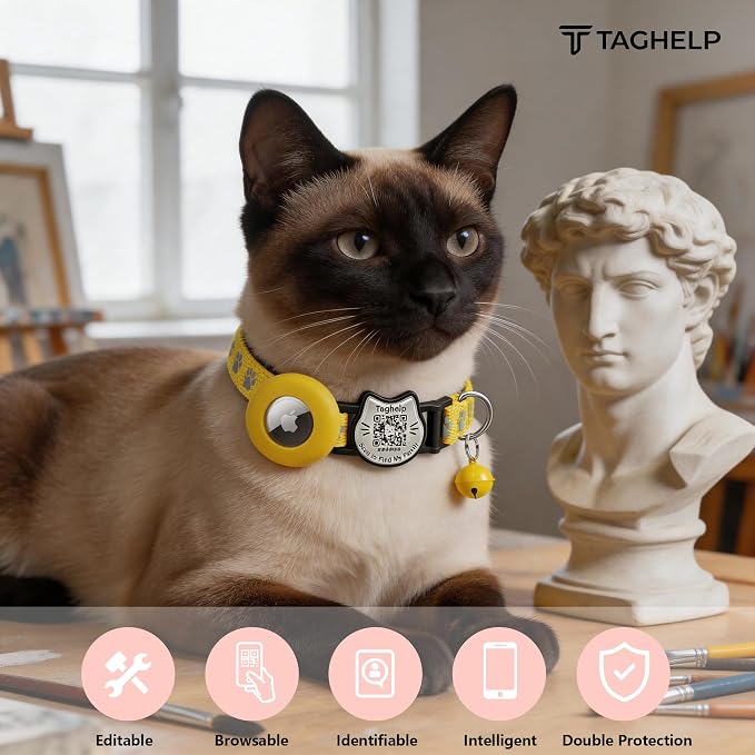 Cat Collar with AirTag Holder, QR Code Tag and Bell (Yellow, Paw Pattern)