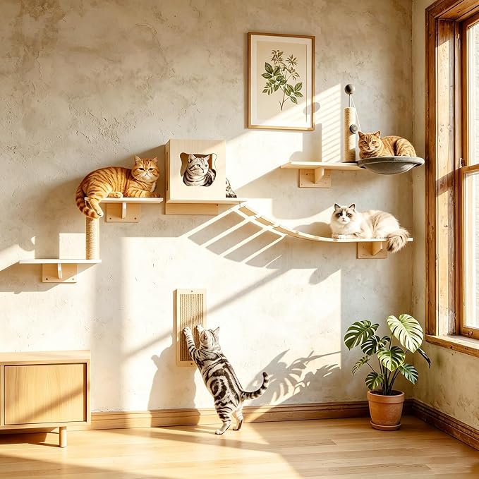 Cat Wall Shelves, 8-Piece Modern Wall-Mounted Cat Furniture Includes House, Bridge, Steps, Scratcher, Perch & Lounge for Indoor Cats, Space-Saving Wall Mounted Cat Shelves for Play & Rest