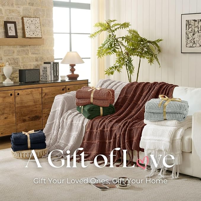 Boho Knitted Chenille Blanket with Tassels - Lightweight & Soft All-Season Throw - 3D Classic Pattern for Living Room Bedroom Couch, Silver Sage, King 90"x108"