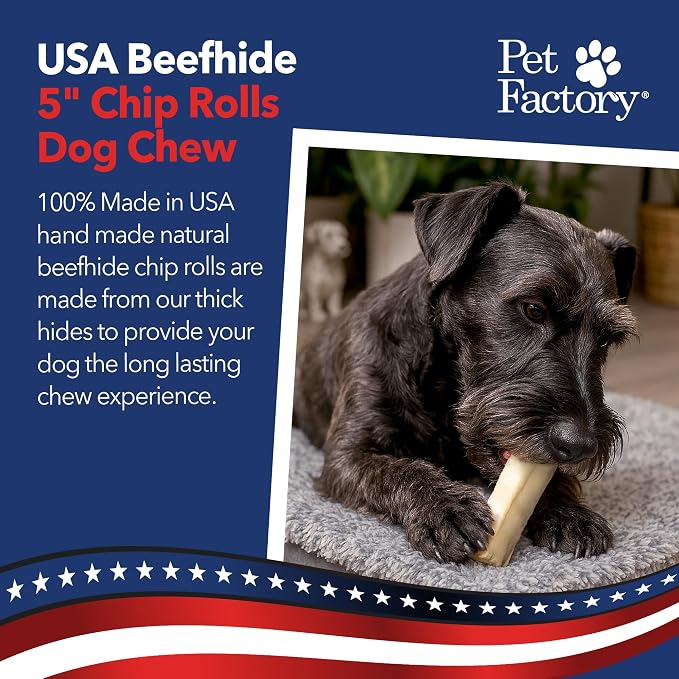 Pet Factory 100% Made in USA Beefhide Chip Rolls Dog Rawhide Chews, Thick, Dog Chews Long Lasting from American Cattle, Dog Chew Bones, 5 Inches (Pack of 22)