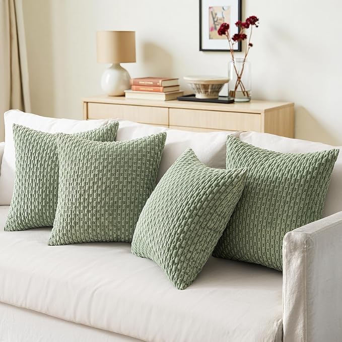MIULEE Sage Green Decorative Throw Pillow Covers for Couch Living Room 18x18 Inch Soft Pillow Cases Set of 4 Boho Striped Corduroy Farmhouse Cushion Covers Spring Home Decor for Sofa Bed