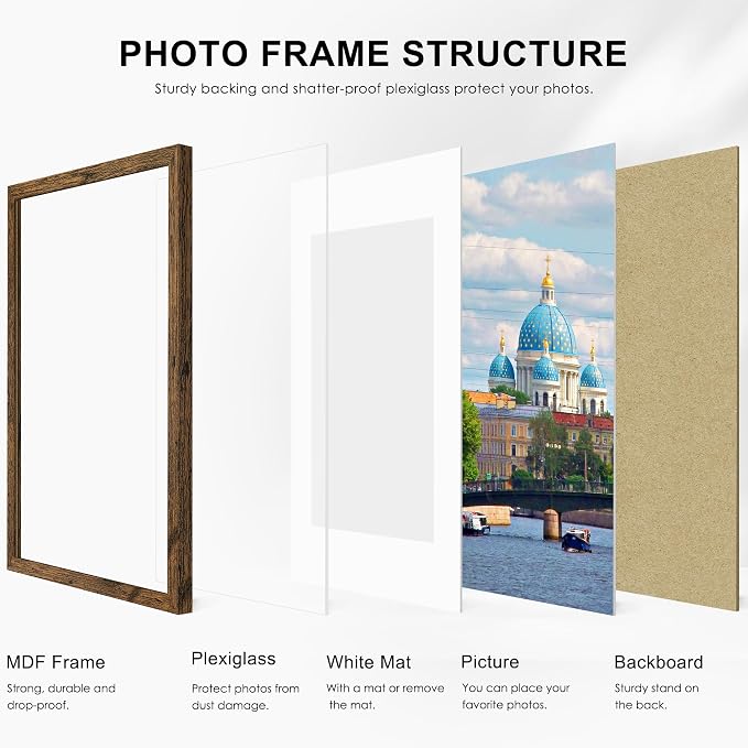 11x14 Picture Frame Set of 6, Wall or Tabletop Display, Rustic Brown | Display Pictures 8x10 with Mat or 11x14 without Mat,Horizontal or Vertical,Gallery Wall Frame Set,Wedding Birthday Gifts