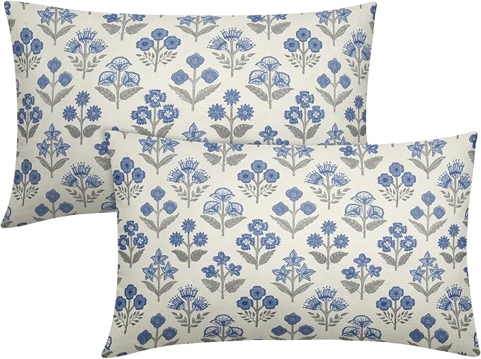 Blue Grey Gray Floral Pillow Covers 12x20 Inch Set of 2, Block Print Lumbar Flower Cream Decorative Throw Pillowcases Outdoor Farmhouse Rectangle Cushion Covers Spring Summer Sofa Couch Bed Decor