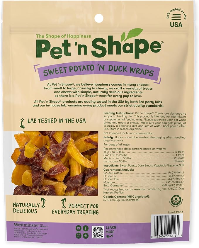 Pet 'n Shape Sweet Potato Chews Jerky Dog Treats - 16 Ounce | Premium duck breast, Sweet potato recipe, Limited ingredients, Wheat and soy free, Bite-sized snack, For all life stages