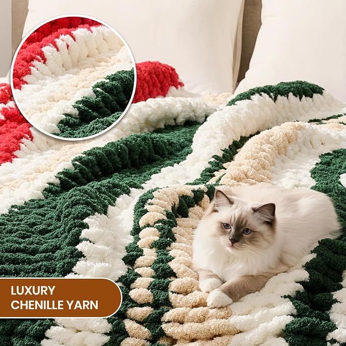 L'AGRATY Chunky Knit Throw Blanket for Couch, 60 x 80 Inches, Red Green | Handmade Chenille Crochet Blanket for Sofa Bed, Thick Cable Knitted Blankets for Room Home Decor, Birthday Gift for Women Mom