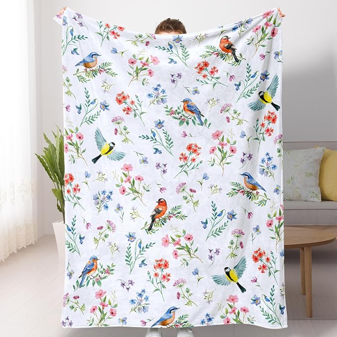 Floral Bird Blanket Ultra Soft Watercolor Flowers Throw Blankets Wildflower Flannel Fleece Throw Botanical Warm Cozy Fuzzy Plus Gifts Cabin Blanket for Bed Sofa,60" X 80"