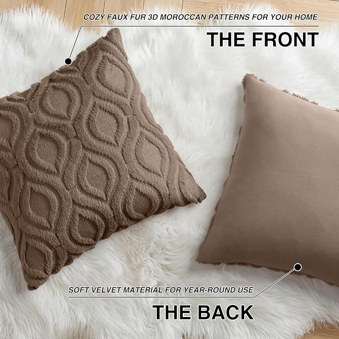 decorUhome Faux Fur Plush Soft Brown Throw Pillow Covers 24x24 Set of 2 | Wool Solid Fall Couch Pillow Covers, Accent Modern Farmhouse Neutral Decorative Square Pillow Cases for Sofa Bed Living Room