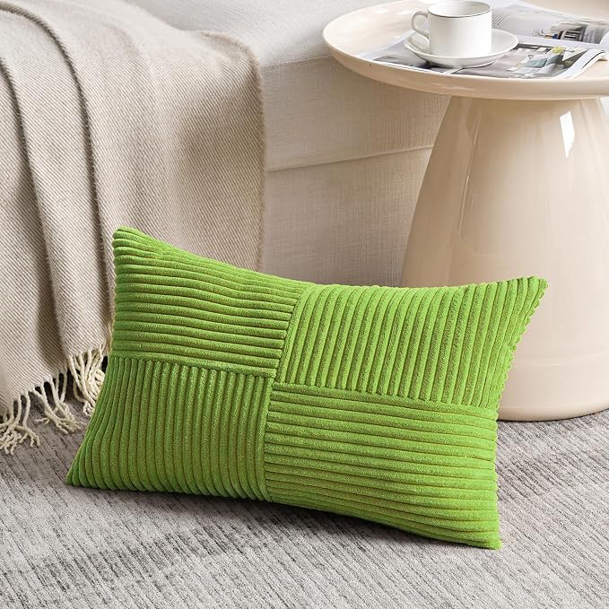 Fancy Homi Set of 2 Lime Green Lumbar Decorative Throw Pillow Covers 16x26 Inch for Living Room Bedroom Couch Bed Sofa, Soft Striped Corduroy Modern Rectangle Accent Cushion Case 65x40 cm