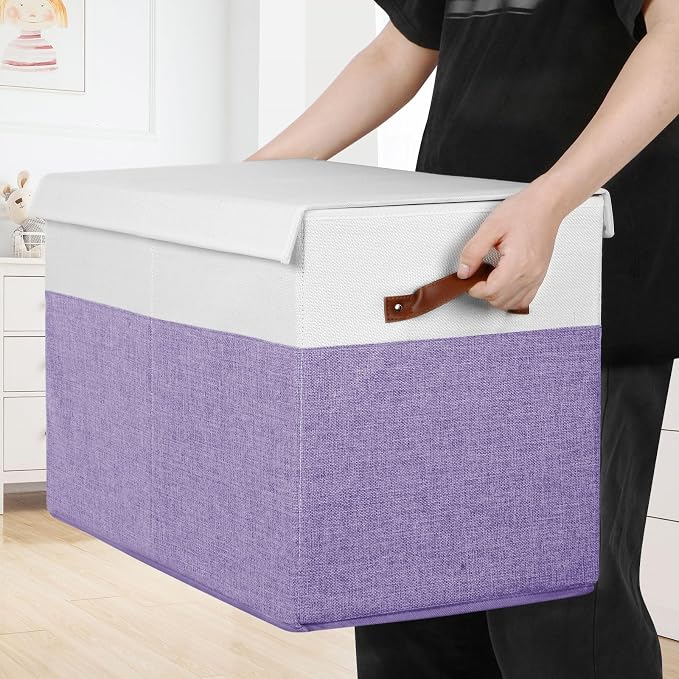 Large Toy Storage Box with Lid, Toy Chest Bin Boxes Basket with Dividers | Sturdy Toy Organizer Bin for Kids, Boys, Girls, Nursery, Living Room, Bedroom, Playroom 25"x13" x16" (Purple and White)