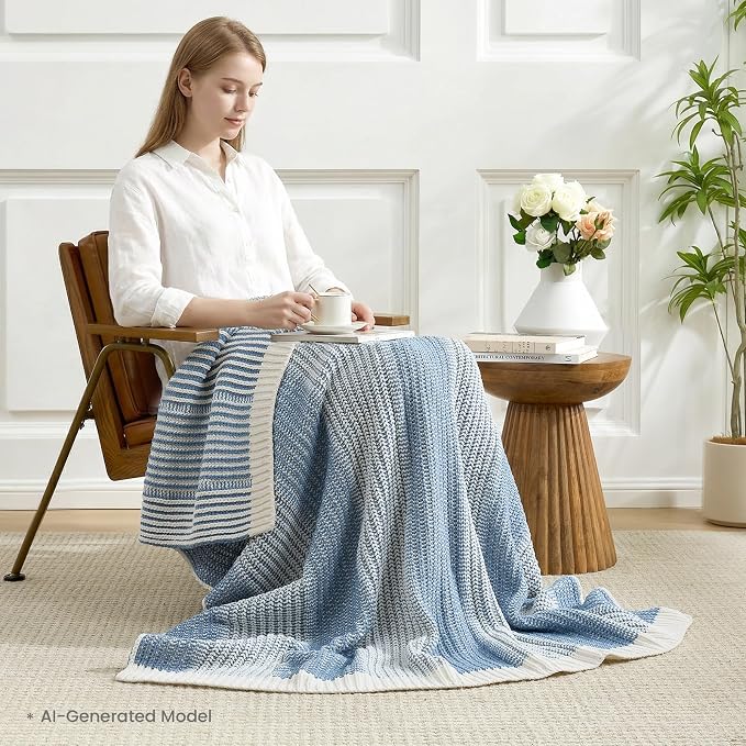 Premium Chenille Throw Blanket, Soft Cozy Luxury Two-Tone Knit Blanket for Couch, Sofa, Chair, Home Decor, Blue & Ivory 50"x60"