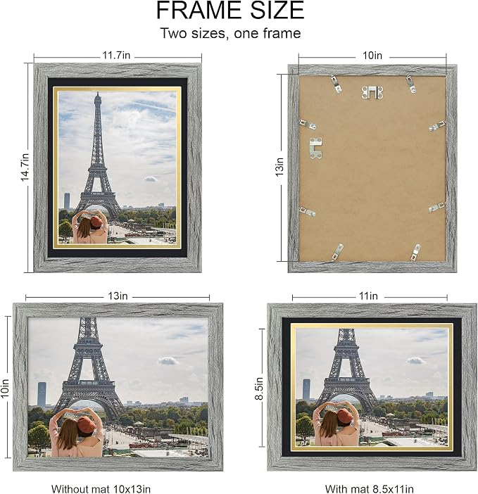 Hongkee 10x13 Picture Frame Set of 4, Made of Real Glass and Grey Frame, 10 by 13 Photo for Wall or Tabletop - Display Picture 8.5x11 with Mat or 10x13 Without Mat