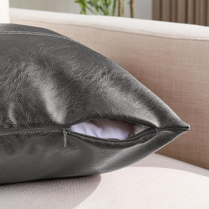 Fancy Homi Dark Gray Lumbar Waterproof Faux Leather Decorative Throw Pillow Covers 12x20 Inch for Outdoor Couch Bed, Modern Farmhouse Boho Home Decor, Charcoal Gray Hand Stitched Cushion Case 30x50 cm