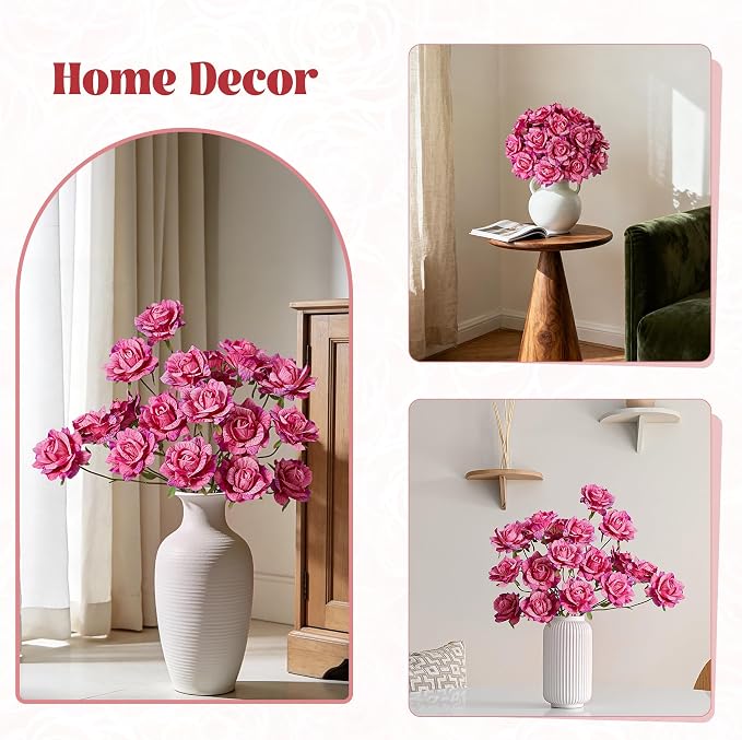 INXUGAO Artificial Flowers Fake Roses for Outdoor, 6Pcs 28" Long Stem Silk Roses for Wedding Indoor Outside Party Decor, Realistic Faux Bouquet for Tall Vase Planter (Fuchsia)