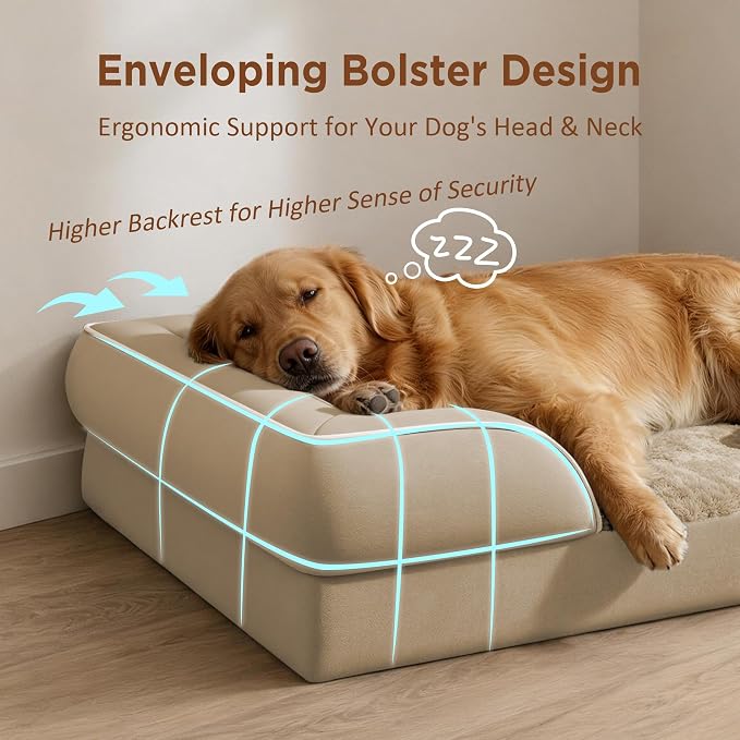 Comfort Expression Waterproof Orthopedic Dog Beds for Extra Large Dog | Supportive Egg Crate Foam Big Dog Bed with Removable Bolster, Dog Couch with Washable Cover & Non-Slip Bottom, 53x42Inch