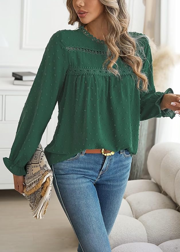 Womens Boho Tops Long Sleeve Shirts For Women Cute Crewneck Blouse Dressy Casual Swiss Dot Crochet Hollow Top 2026