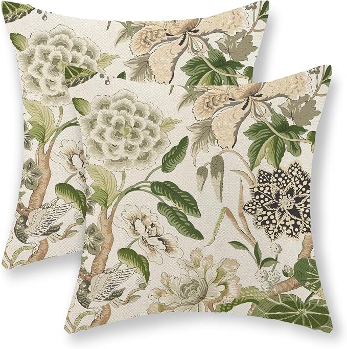 Green Pillow Covers 18x18 Inch Set of 2 Vintage Green Floral Throw Pillows Chinoiserie Flower Decorative Pillow Cases Outdoor Linen Farmhouse Cushion Covers for Couch Sofa Decorations