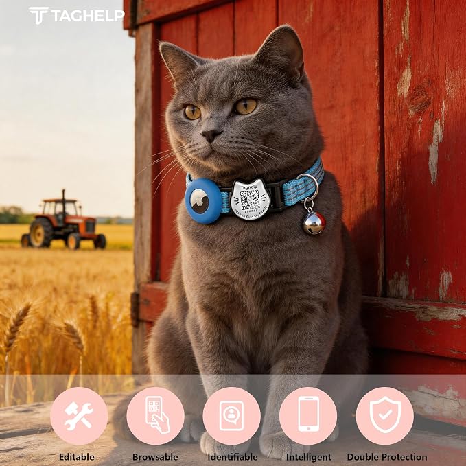 Cat Collar with AirTag Holder, QR Code Tag and Bell (Blue)