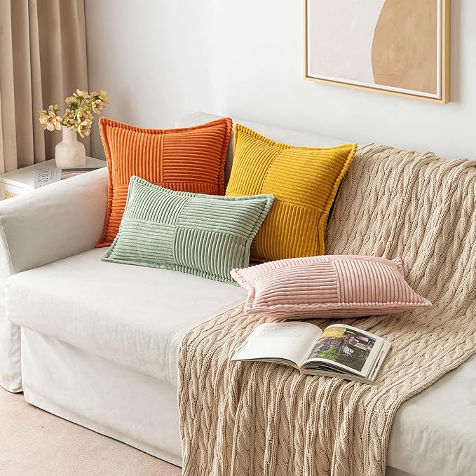MIULEE Decorative Lumbar Throw Pillow Covers 12x20 Inch Sage Green 2 Pack | Boho Broadside Striped Patchwork Pillow Covers, Soft Corduroy Cushion Cases, For Couch Sofa Bed Livingroom Home Decor