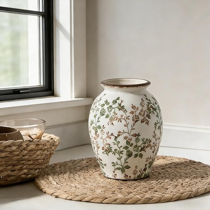 5.63" Ceramic Flower Decorative Antique Vase, Vintage Rustic Chinoiserie Floral Vase for Home Decor, Living Room, Bookshelf, Office, Entryway, Garden, Chinoiserie Decor, Tuscan Decor