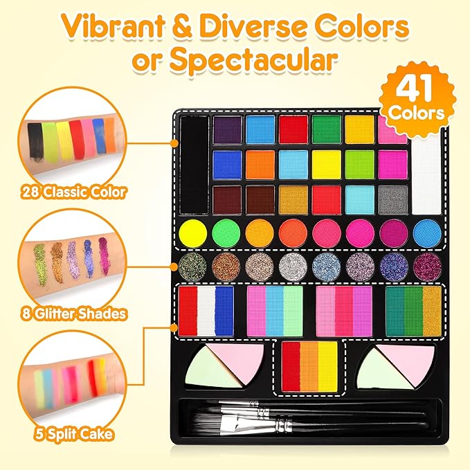 Mocoosy 41 Color Face Painting Kit for Kids, Non-Toxic Water Activated Face Paint Palette With Stencils, Brushes, Gems, Professional Body Makeup Kit for Cosplay Parties, Birthdays, Carnival, Christmas