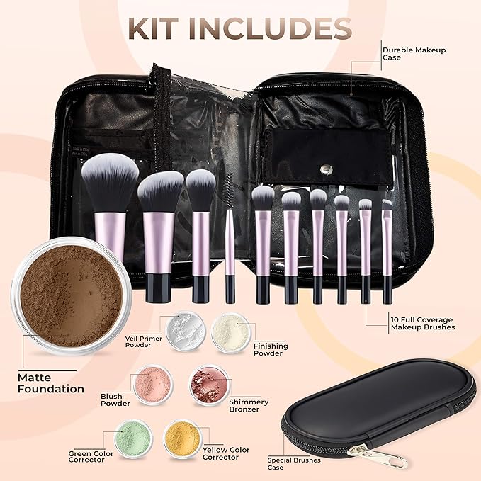 19 pc STARTER KIT w/BRUSHES & CASE (EBONY) Mineral Makeup Foundation Blush Bronzer Illuminating Veil Set Bare Skin Matte Powder