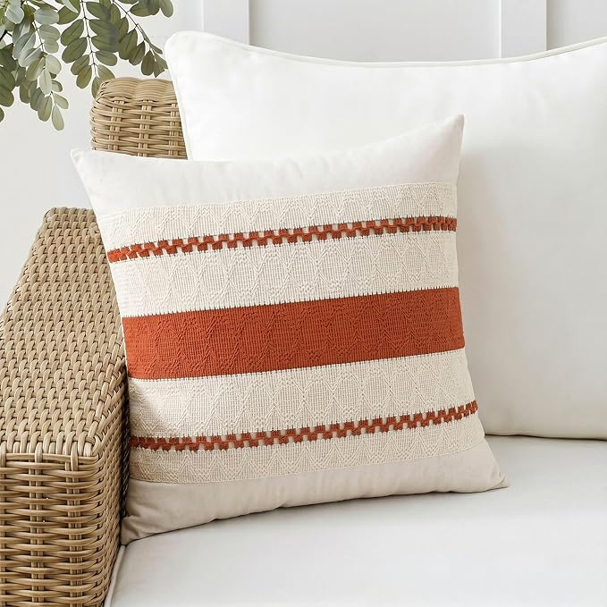 Fancy Homi Set of 2 Boho Burnt Orange Decorative Throw Pillow Cover 20x20 Inch for Couch Bed Sofa, Aesthetic Modern Organic Farmhouse Home Decor, Soft Cotton Cute Accent Macrame Woven Cushion Case