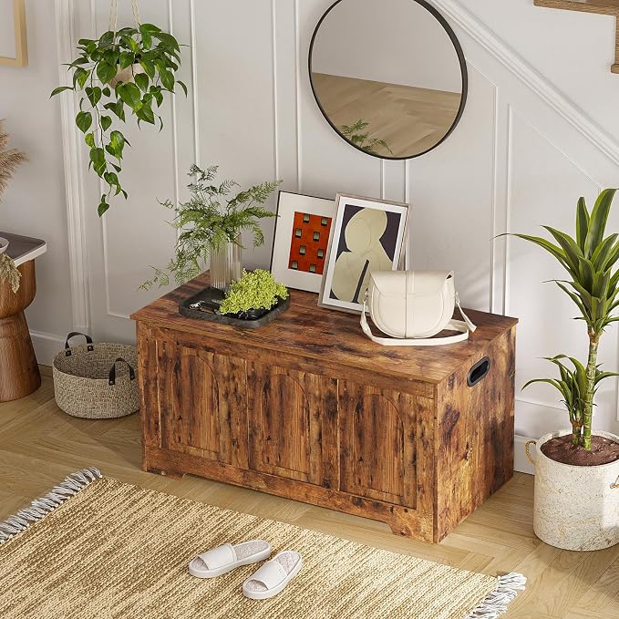 Storage Chest, Wooden Toy Box, Rustic Brown 39.4" L | Entryway Shoe Bench, 2 Soft-close Hinges, Finger-safe Flip-Top Lid, Easy Assembly, Farmhouse Large Trunk, Living Room/Bedroom