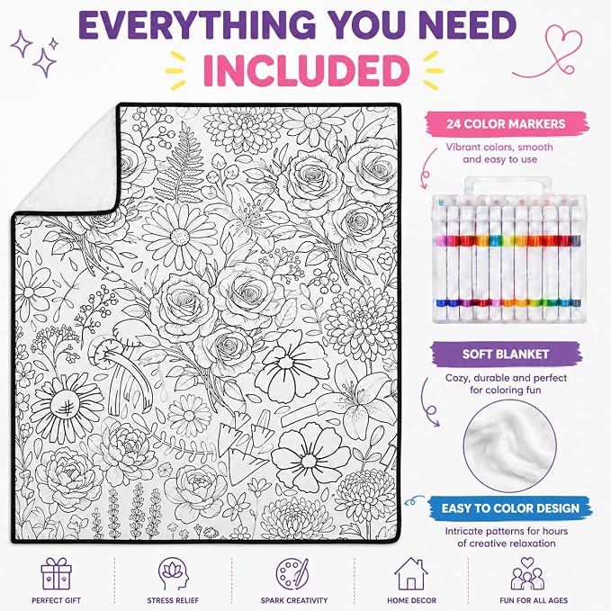 VEELU DIY Coloring Blankets with 24 Colors Markers for Adults | Custom Color In Your Own Blankets With 24 Colors Markers, Snuggle Color Sketch Washable Blankets Kit Home Decor
