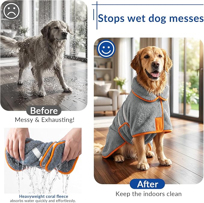 Bienbee Dog Bathrobe, Super Absorbent for Small to Large Dogs, Grey M | Dog Robes with Soft Fleece, Warm & Cozy, Adjustable Fit, and Quick Drying Coat for Baths Swimming and Grooming