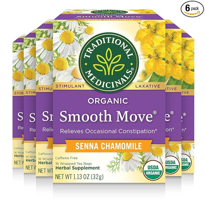 Traditional Medicinals Organic, Smooth Move Tea, Chamomile & Senna - Helps Relieve Constipation Overnight - Kosher, Non-GMO, Caffeine-Free, Compostable - 96 Tea Bags (6 Packs of 16)