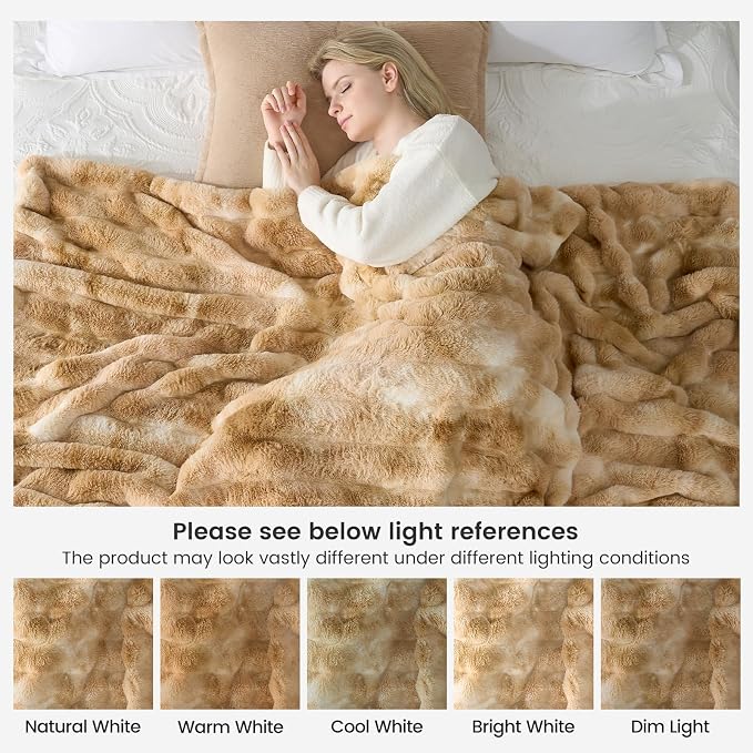 Cozy Bliss Deluxe Striped Rabbit Faux Fur Throw Blanket, Soft Fluffy Warm Plush Blanket for Winter, Modern Homr Decor, Tie-dye Khaki 50"x60"