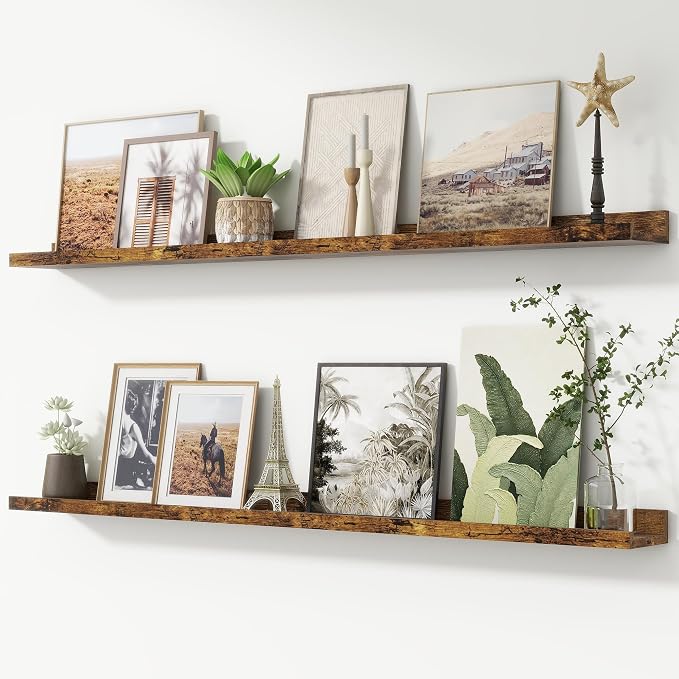 Picture Ledge Shelf, Long Floating Shelves for Wall, 52" W Set of 2, Brown | FSC Certified Engineered Wood, Wall Mounted Bookshelf, for Nursery Living Room Bedroom, Easy Install