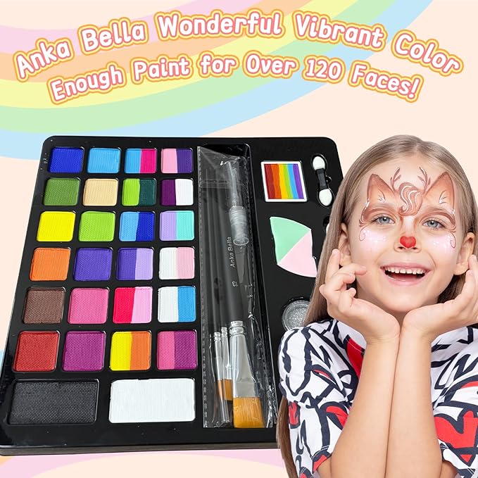 Anka Bella Professional face painting kit for kids，Hypoallergenic & Non-Toxic water based face paint include 26 split cake/1 rainbow cake,Gift for Birthday Parties/Halloween/Carnival