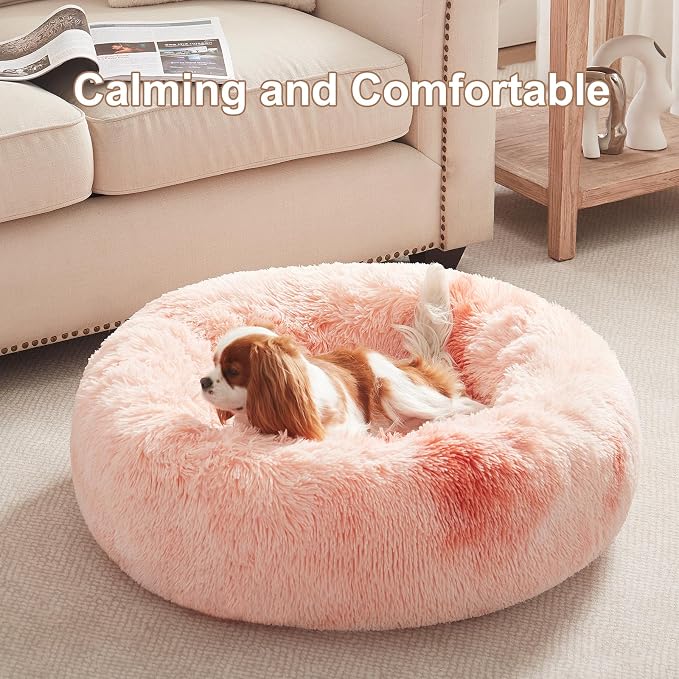 30 in Faux Fur Fluffy Donut Dog Bed for Medium Dogs,Tie-dye Pink | Calming Plush Round Pet Bed with Removable & Washable Cover,Fits up to 45 lbs Pets